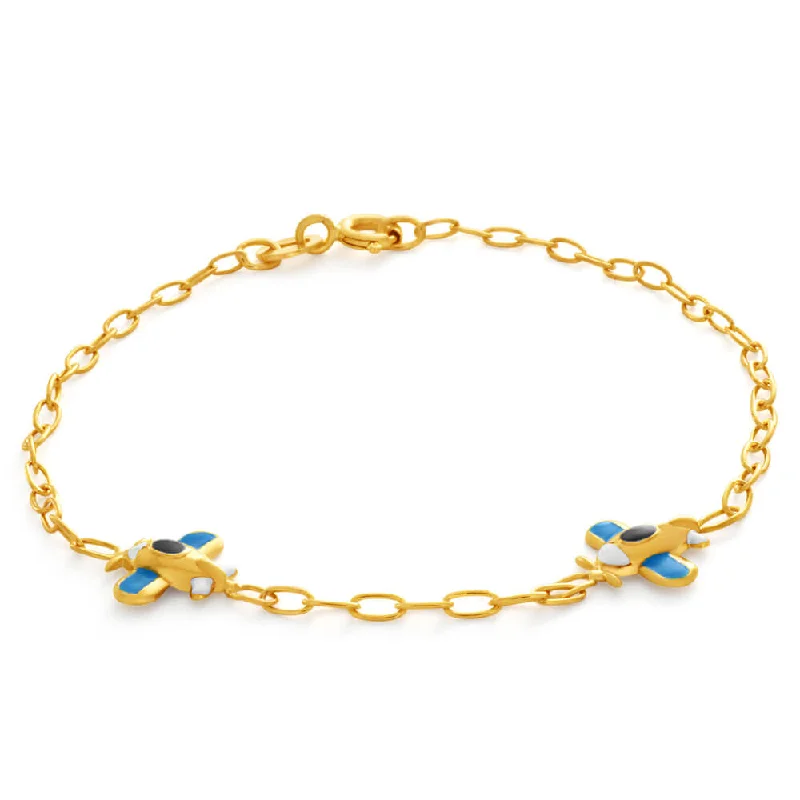 9ct Yellow Gold Blue Aeroplane Kids Bracelet