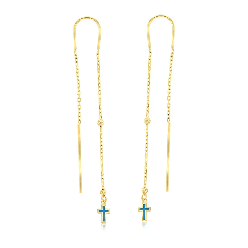 Earrings & Earrings with turquoise stones-9ct Yellow Gold Blue Eanmel Cross On Threader Earrings