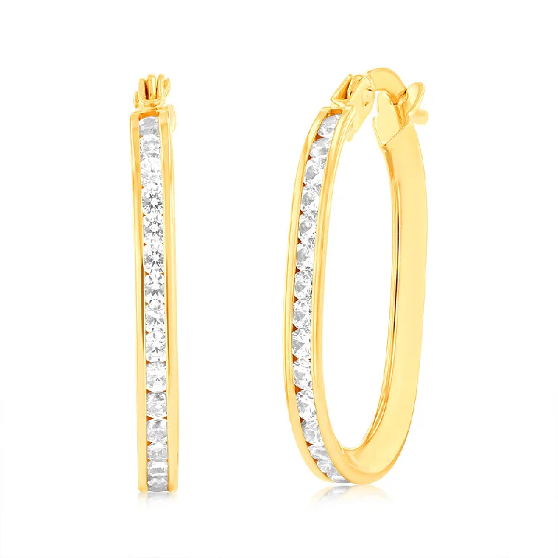 Earrings & Earrings for kids jewelry-9ct Yellow Gold Double  Side Zirconia Elongated Hoop Earrings