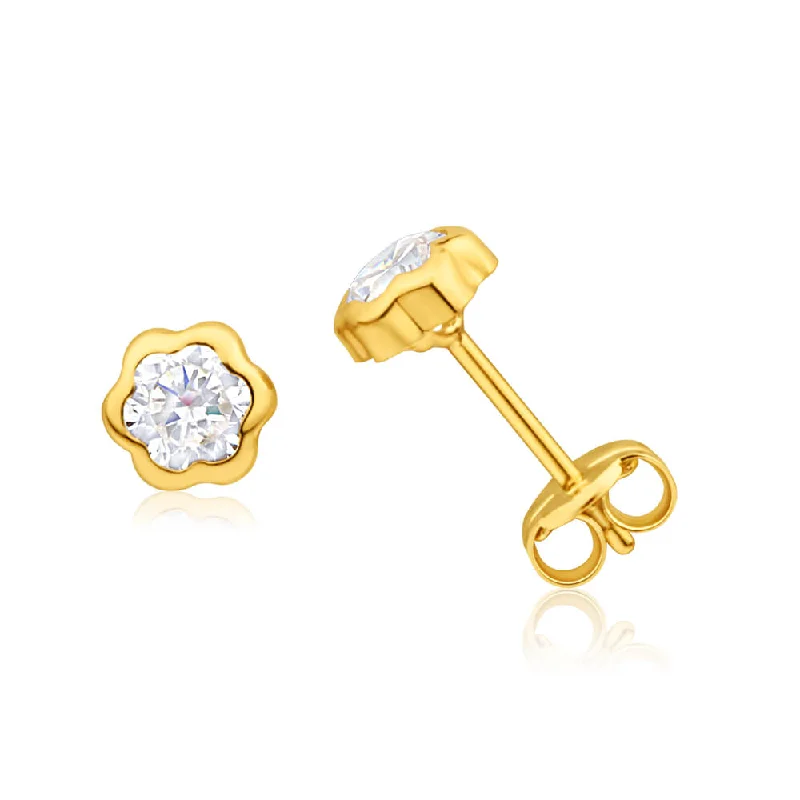 Earrings & Earrings for festival wear-9ct Yellow Gold Flower Shaped Bezel Set Cubic Zirconia 4mm Stud Earrings