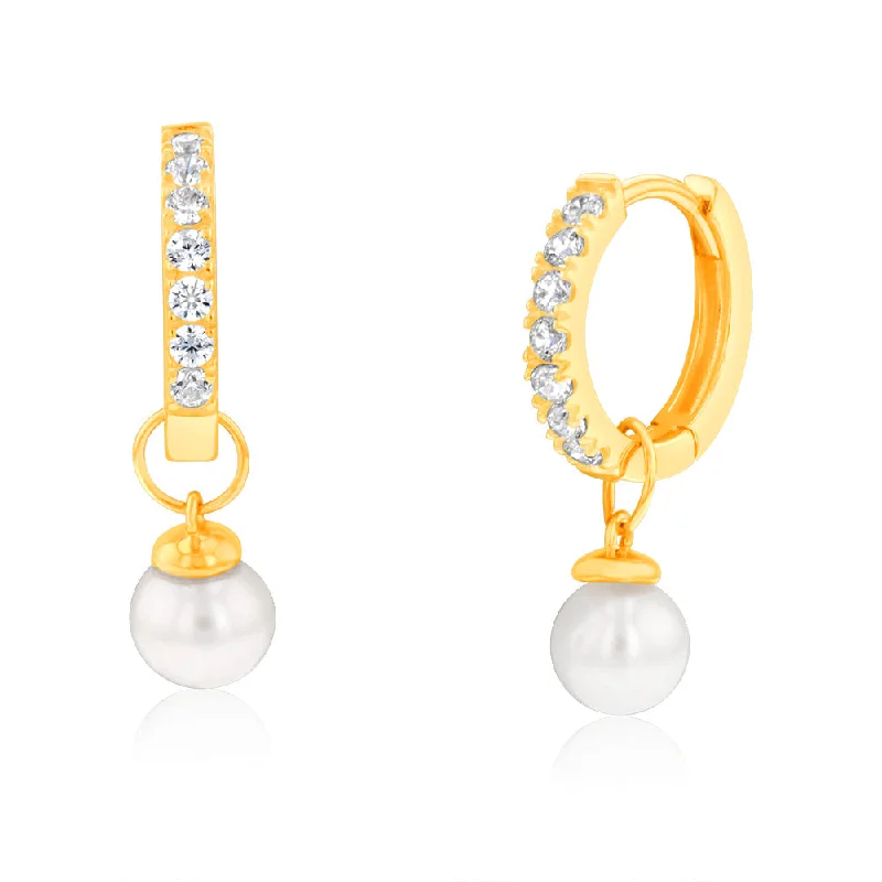 Earrings & Earrings with turquoise stones-9ct Yellow Gold Freshwater Pearl And Cubic Zirconia Hoop Earrings