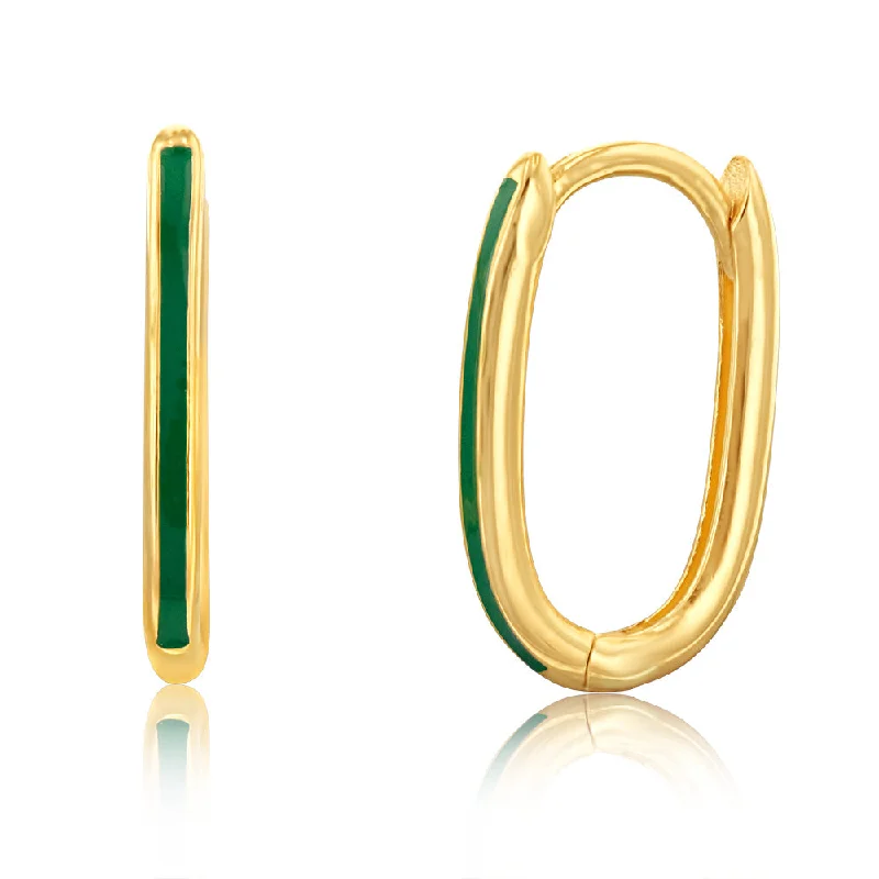 Earrings & Earrings for fringe fashion-9ct Yellow Gold Green Enamel Hoop Earrings