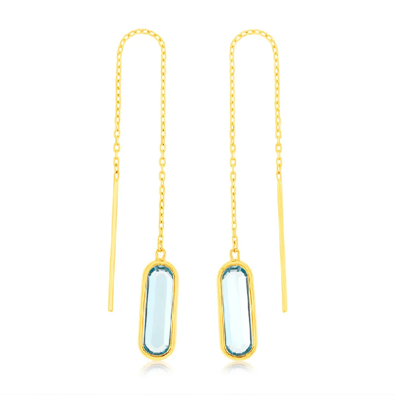 Earrings & Earrings for daily wear-9ct Yellow Gold  Natural Blue Topaz Threader Drop Earrings