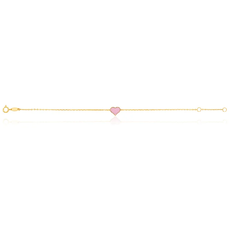 9ct Yellow Gold Pink Cubic Zirconia Heart Charm attached on 17cm Trace Link Bracelet