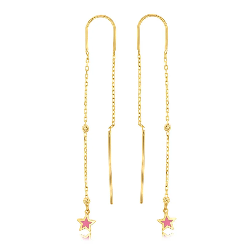 Earrings & Earrings with bold colors-9ct Yellow Gold Pink Star Threader Earrings