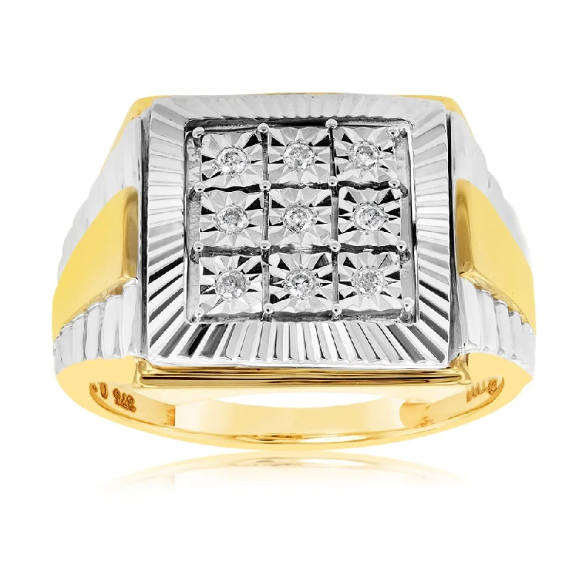 9ct Yellow Gold & Rhodium Set with 9 Brilliant Diamonds Gents Ring Set