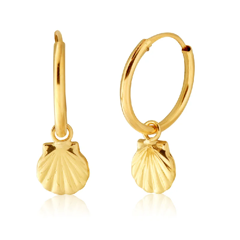 Earrings & Earrings with glass charms-9ct Yellow Gold Scallop Shell Hinged Hoop Earrings