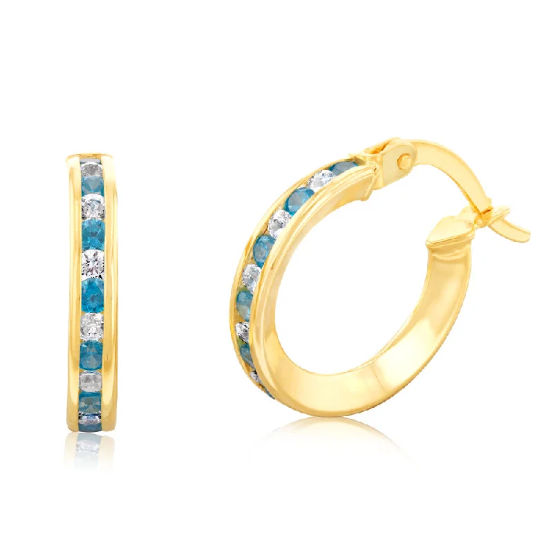 Earrings & Earrings with glass charms-9ct Yellow Gold Silverfilled Blue Cubic Zirconia 10mm Hoop Earrings