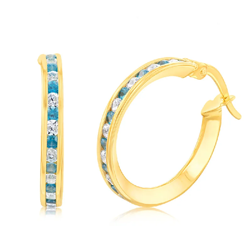 Earrings & Earrings with feather accents-9ct Yellow Gold Silverfilled Blue Cubic Zirconia 15mm Hoop Earrings