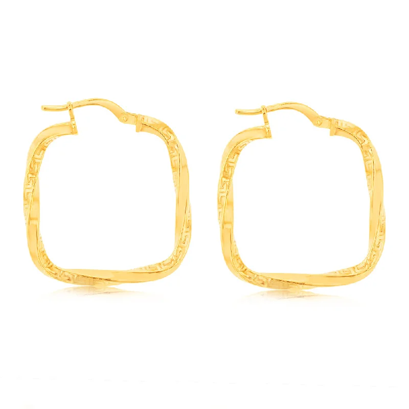 Earrings & Earrings with handmade crafts-9ct Yellow Gold Silverfilled Fancy Greek Key Square Twisted Hoop Earrings