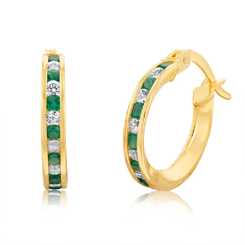 Earrings & Earrings for emerald beauty-9ct Yellow Gold Silverfilled Green Cubic Zirconia 10mm Hoop Earrings