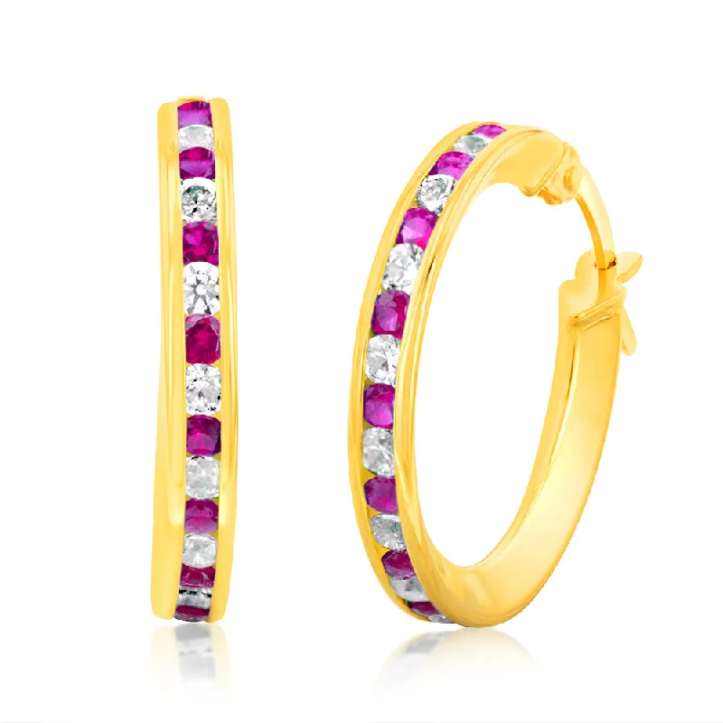 Earrings & Earrings for teens trends-9ct Yellow Gold Silverfilled Red Cubic Zirconia 15mm Hoop Earrings