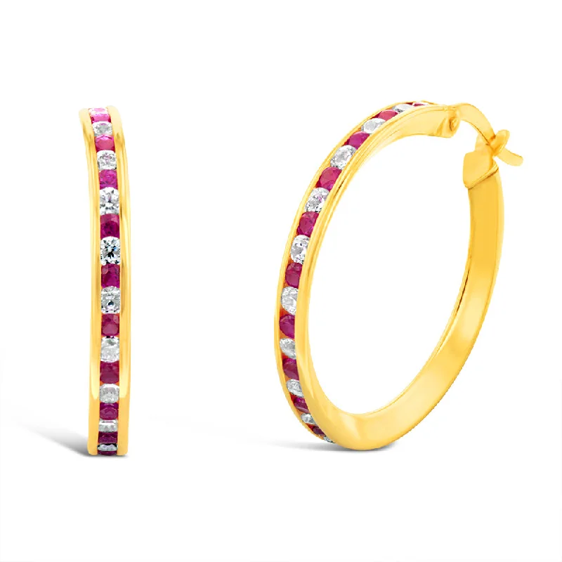 Earrings & Earrings with abstract designs-9ct Yellow Gold Silverfilled Red Cubic Zirconia 20mm Hoop Earrings