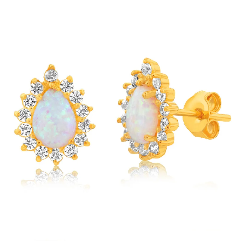 Earrings & Earrings with sports themes-Gold Plated Sterling Silver Pear Created Opal White Cubic Zirconia Studs Earrings