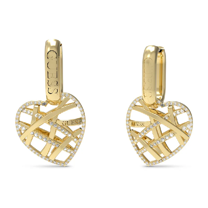 Earrings & Earrings for men styles-Guess Gold Plated Stainless Steel 30mm Heart Cage Huggie Earrings