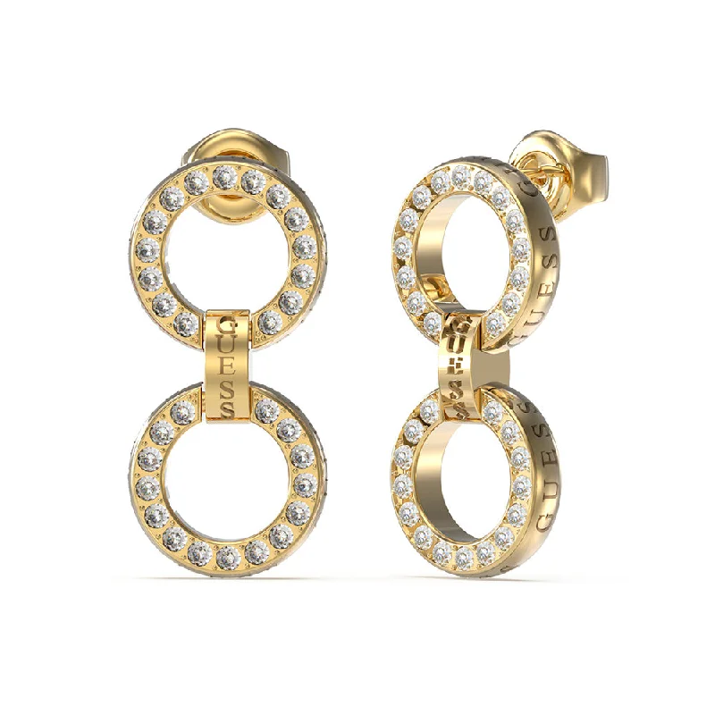 Earrings & Earrings with diamond accents-Guess Gold Plated Stainless Steel 30mm Pave Double Circle Drop Earrings