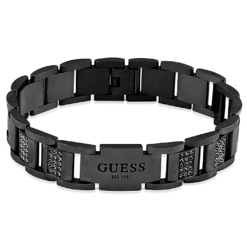 Guess Mens Jewellery Gunmetal Plated Black Cubic Zirconia 15mm Flat Chain Bracelet