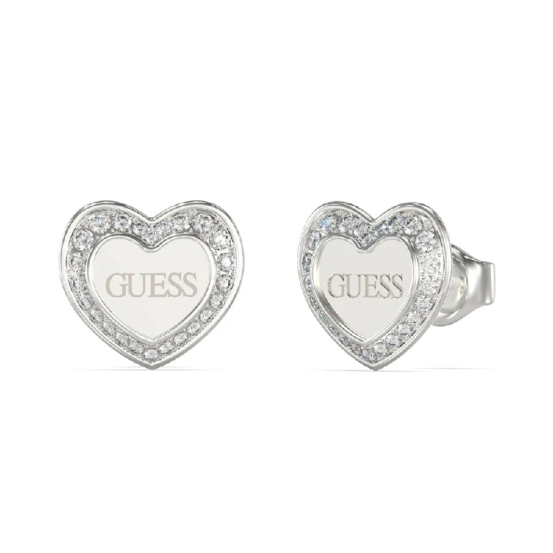 Earrings & Earrings with gemstone drops-Guess Rhodium Plated Stainless Steel 12mm Crystal Heart Stud Earrings