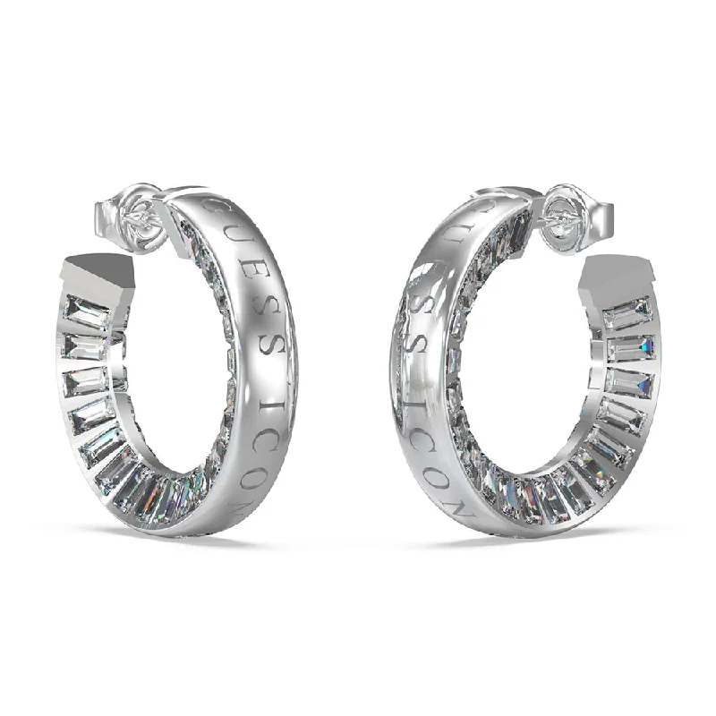 Earrings & Earrings with sports themes-Guess Rhodium Plated Stainless Steel 25mm Clear Baguette Hoop Earrings