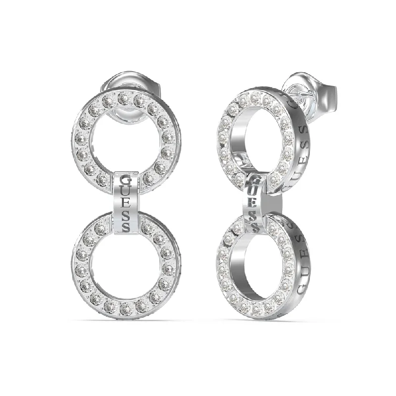 Earrings & Earrings for bridal sets-Guess Rhodium Plated Stainless Steel 30mm Double Pave Circle Drop Earrings