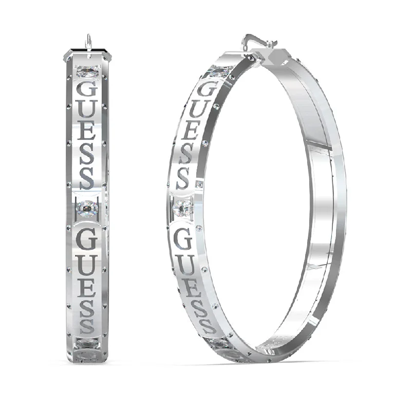 Earrings & Earrings for modern trends-Guess Rhodium Plated Stainless Steel 55mm Logo Round Hoop Earrings