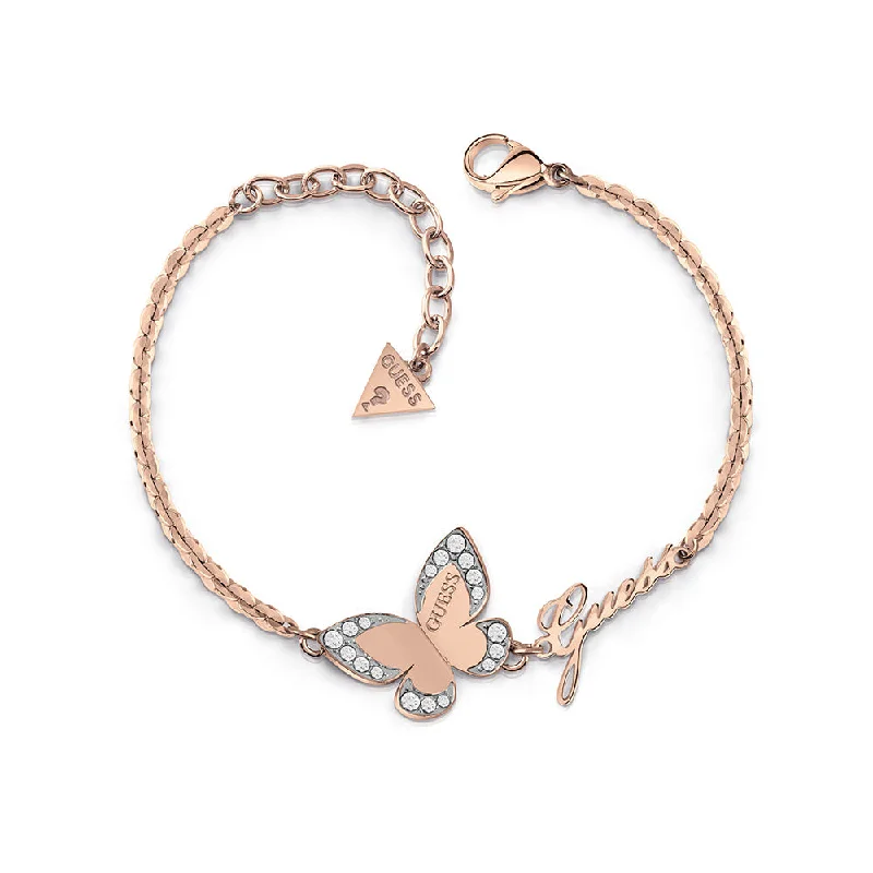 GUESS Rose Gold Plated Butterfly and Logo Bracelet