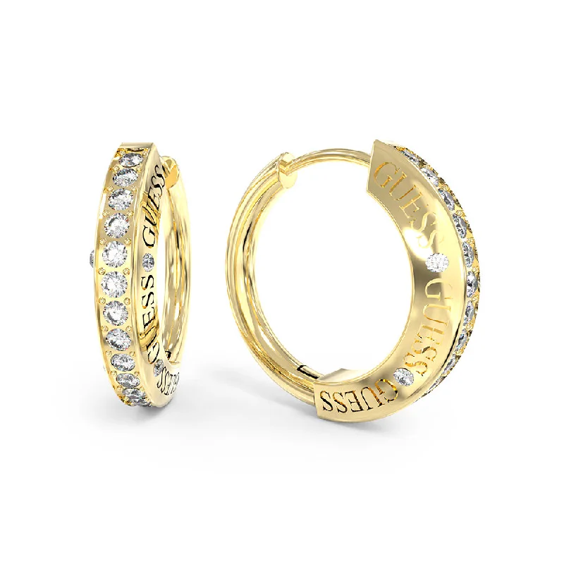 Earrings & Earrings for punk fashion-Guess Stainless Steel Gold Plated 20mm Half Round Pave Huggies Earrings