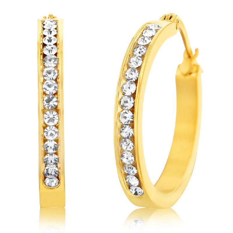 Earrings & Earrings with heart shapes-Stainless Steel 25mm Half Circle Yellow Gold Plated Crystal Hoop Earrings