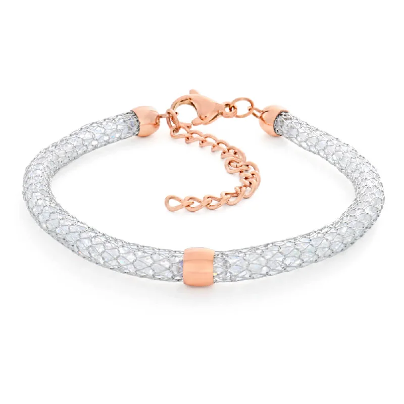 Stainless Steel Rose Gold Plated Crystal Float Mesh Fancy Bracelet