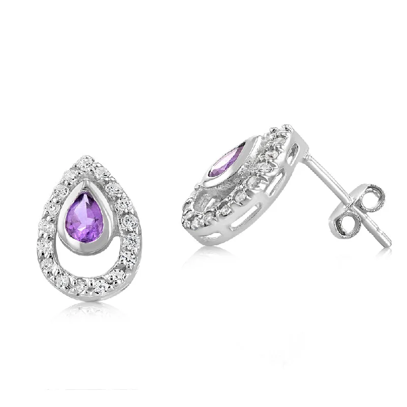 Earrings & Earrings for bold statements-Sterling Silver Amethyst And Cubic Zirconia Pear Shaped Earrings