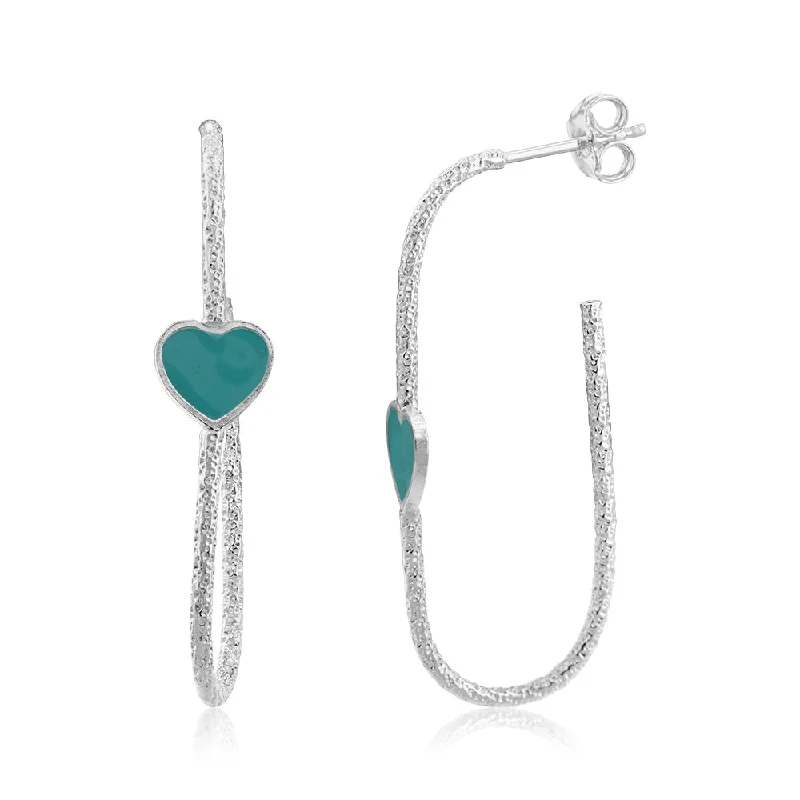 Earrings & Earrings for women fashion-Sterling Silver Aqua Enamel Heart Hoop Earrings