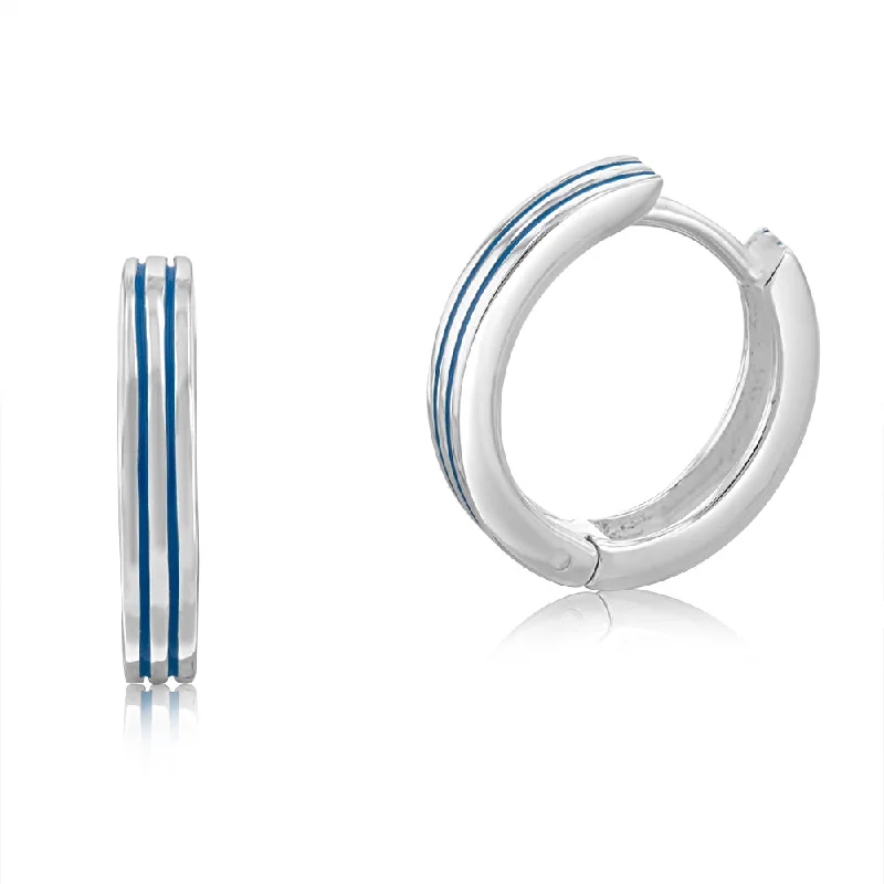 Earrings & Earrings for office wear-Sterling Silver Blue Striped 15mm Hinged Hoop Earrings