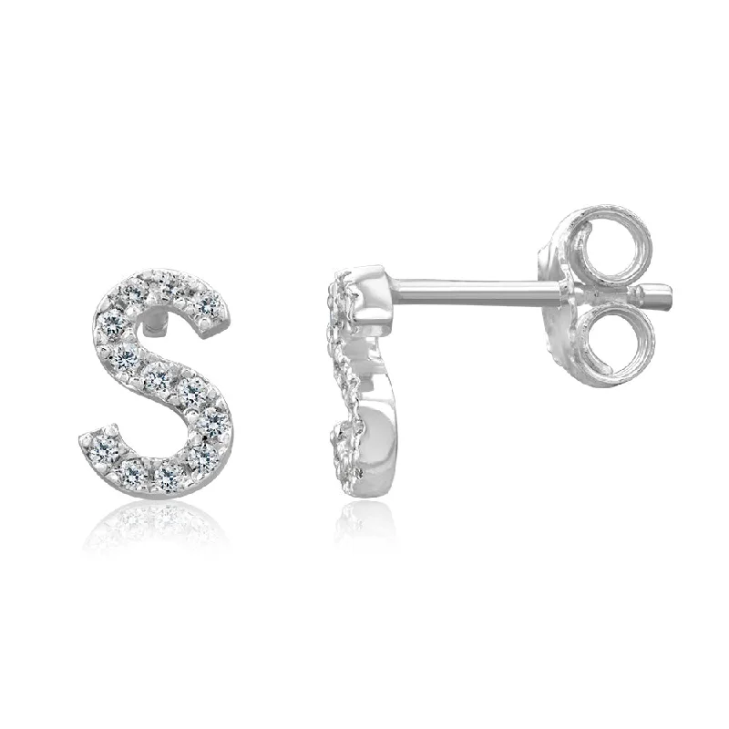 Earrings & Earrings with leather details-Sterling Silver Cubic Zirconia Initial "S" Stud Earrings