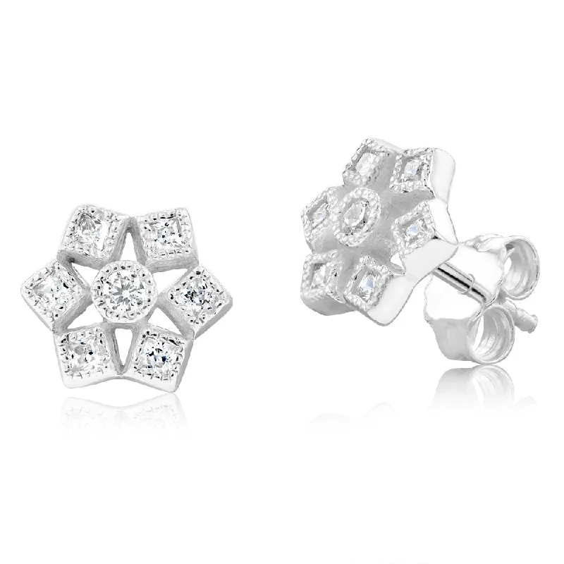 Earrings & Earrings for men styles-Sterling Silver Geometric Flower Cubic Zirconia Stud Earrings