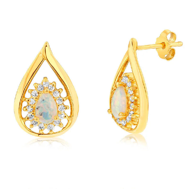 Earrings & Earrings with gothic vibes-Sterling Silver Gold Plated Created Opal Cubic Zirconia Pear Shaped Drop Earrings