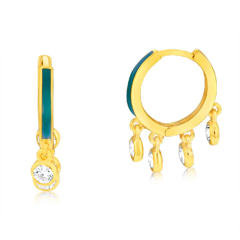 Earrings & Earrings for layered looks-Sterling Silver Gold Plated Cubic Zirconia Blue Enamel Hoop Earrings