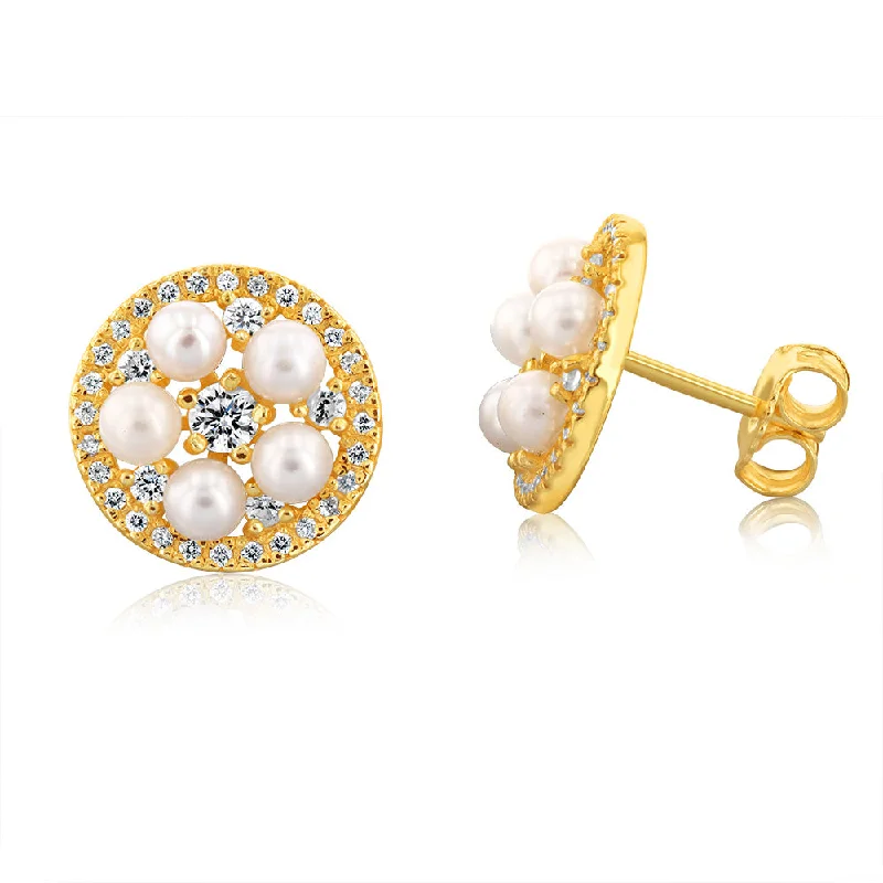 Earrings & Earrings for casual outfits-Sterling Silver Gold Plated Fresh Water Pearls And Cubic Zirconia Round Stud Earrings