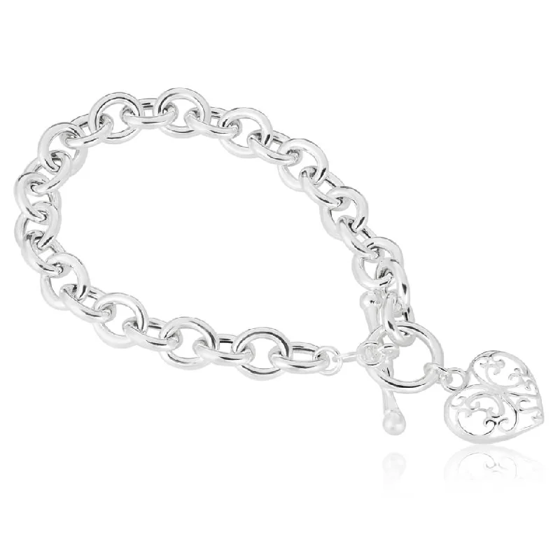 Sterling Silver Heart Charm FOB Bracelet 19cm