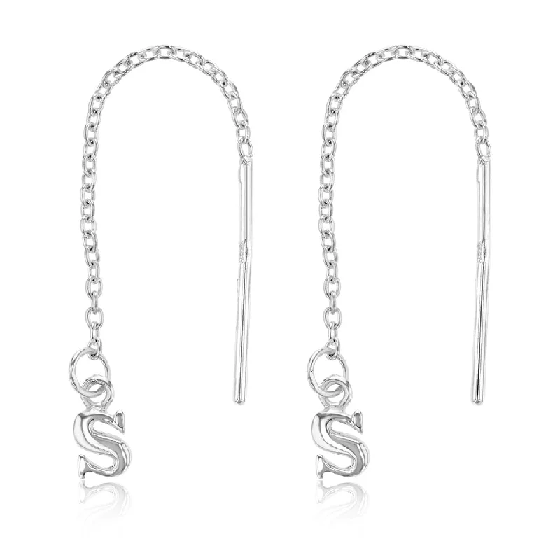 Earrings & Earrings with metallic sheen-Sterling Silver Initial S Threader Drop Earrings