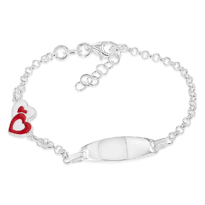 Sterling Silver Red White Heart ID 16cm Kids Bracelet