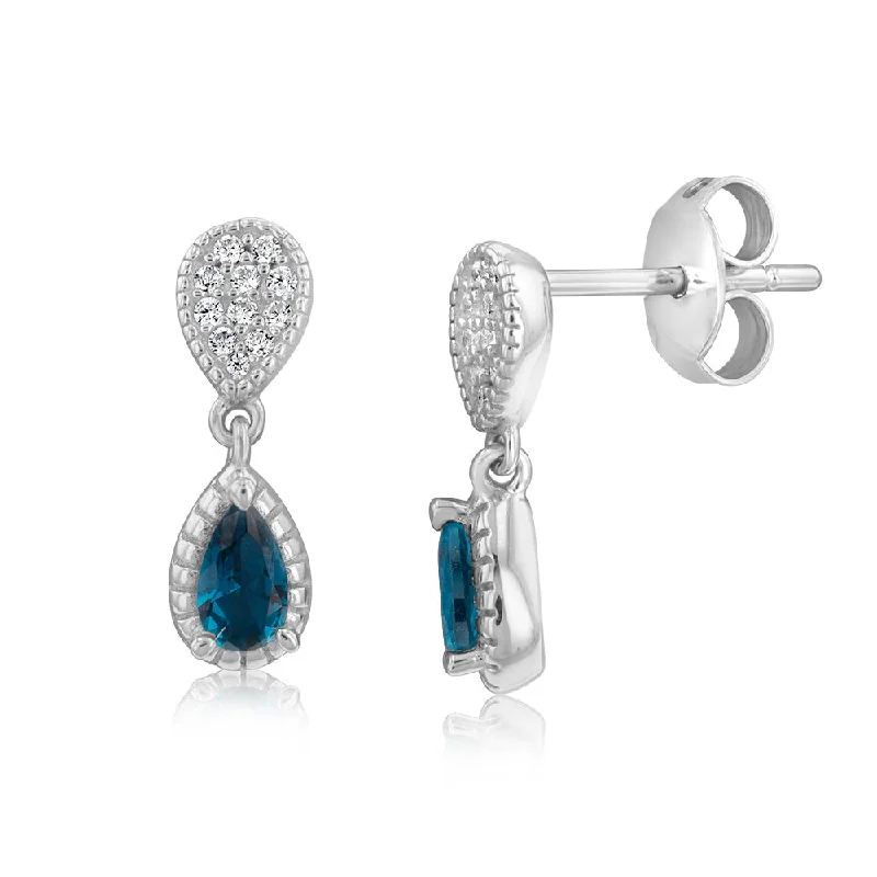 Earrings & Earrings with glossy shine-Sterling Silver Rhodium Plated Created  Blue Topaz Pear Drop Earrings