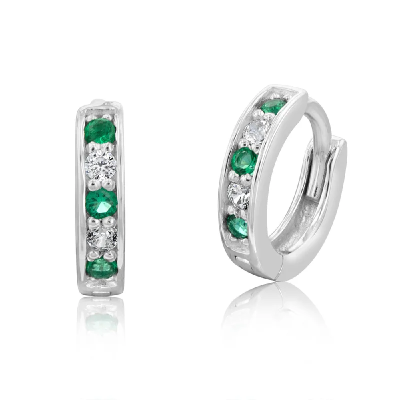 Earrings & Earrings for tribal styles-Sterling Silver Rhodium Plated Created Emerald And White CZ Hoop Earrings