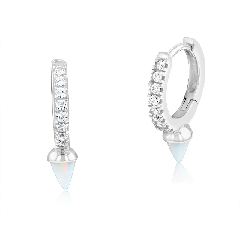 Earrings & Earrings with glossy shine-Sterling Silver Rhodium Plated Created White Opal & Zirconia Hoop Earrings