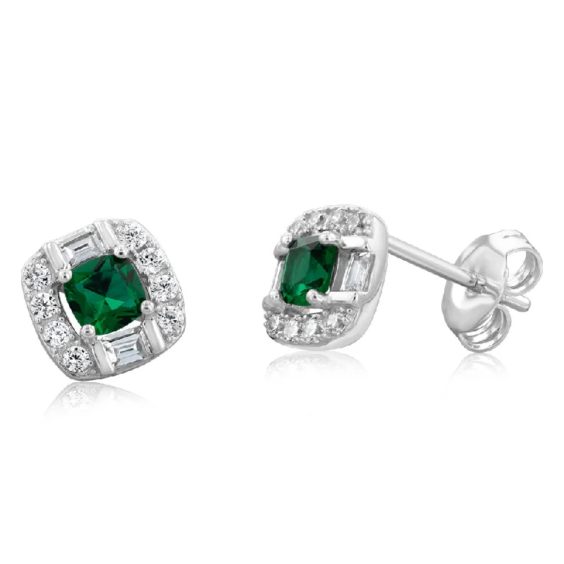 Earrings & Earrings for punk fashion-Sterling Silver Rhodium Plated Emerald And White Cubic Zirconia Stud Earrings