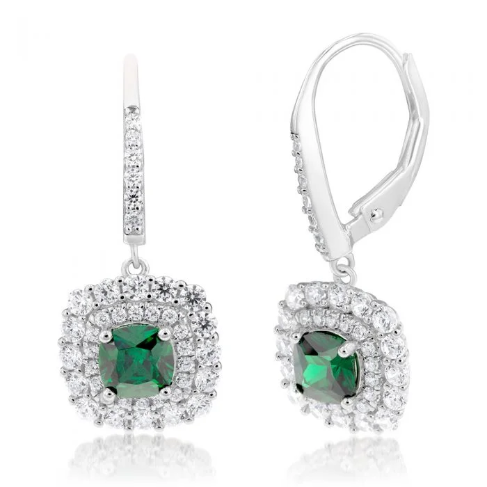 Earrings & Earrings for punk fashion-Sterling Silver Rhodium Plated Green And White Cubic Zirconia Cushion Drop Earrings