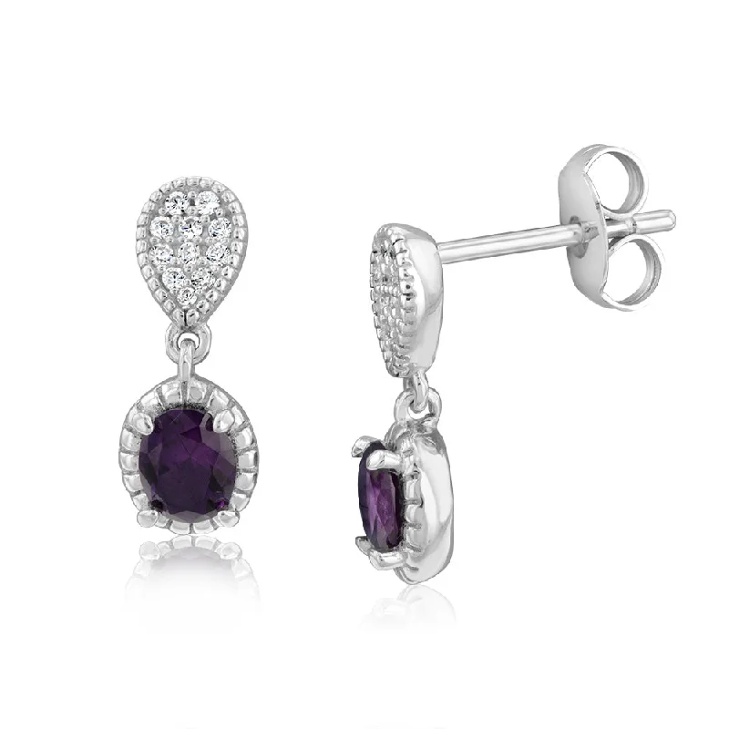 Earrings & Earrings for festival wear-Sterling Silver Rhodium Plated Oval Created Amethyst And White CZ Drop Earrings