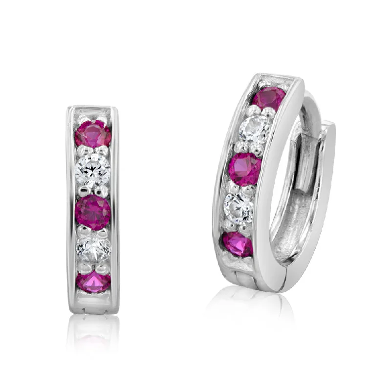 Earrings & Earrings with cultural designs-Sterling Silver Rhodium Plated Red Corundum And White Cubic Zirconia Hoop Earrings