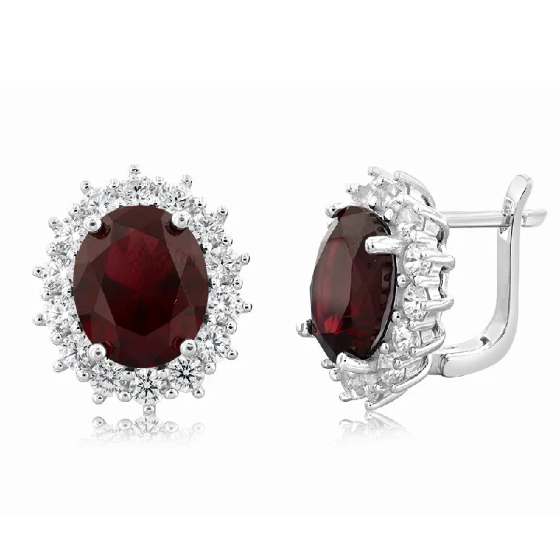 Earrings & Earrings for futuristic looks-Sterling Silver Rhodium Plated Red Stone And White Cubic Zirconia Studs Earrings