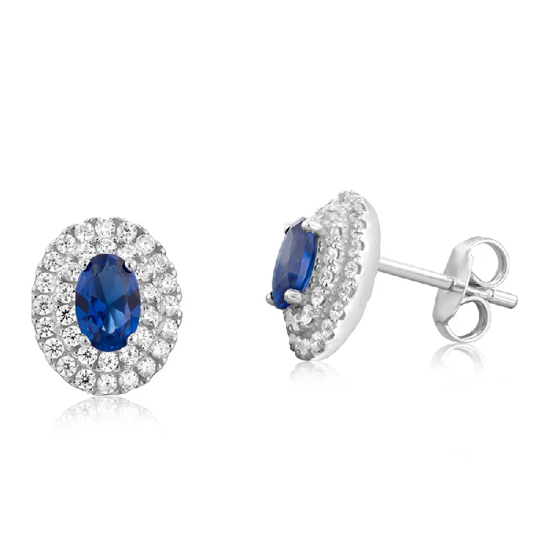 Earrings & Earrings with retro flair-Sterling Silver Rhodium Plated Sapphire Coloured And White Cubic Zirconia Studs Earrings