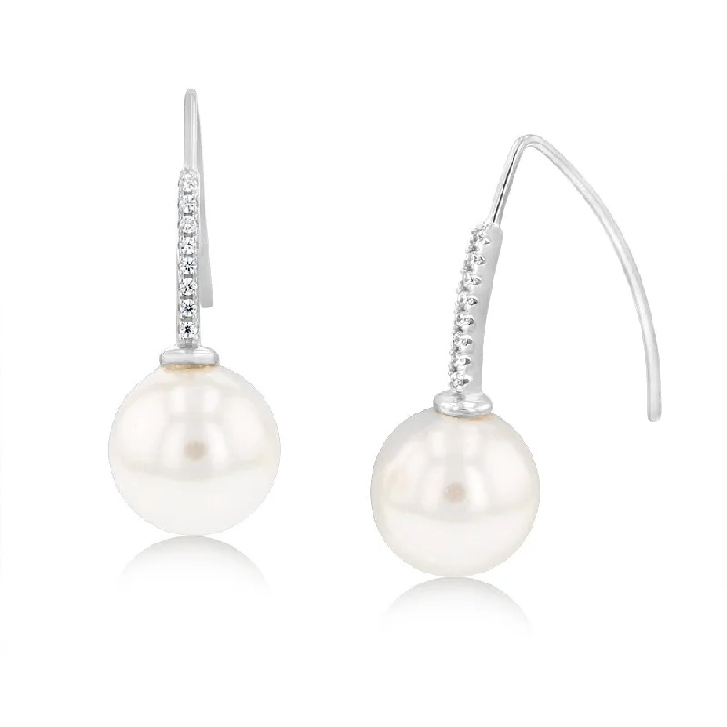 Earrings & Earrings with heart shapes-Sterling Silver Rhodium Plated White Shell Pearl & Zirconia Earrings